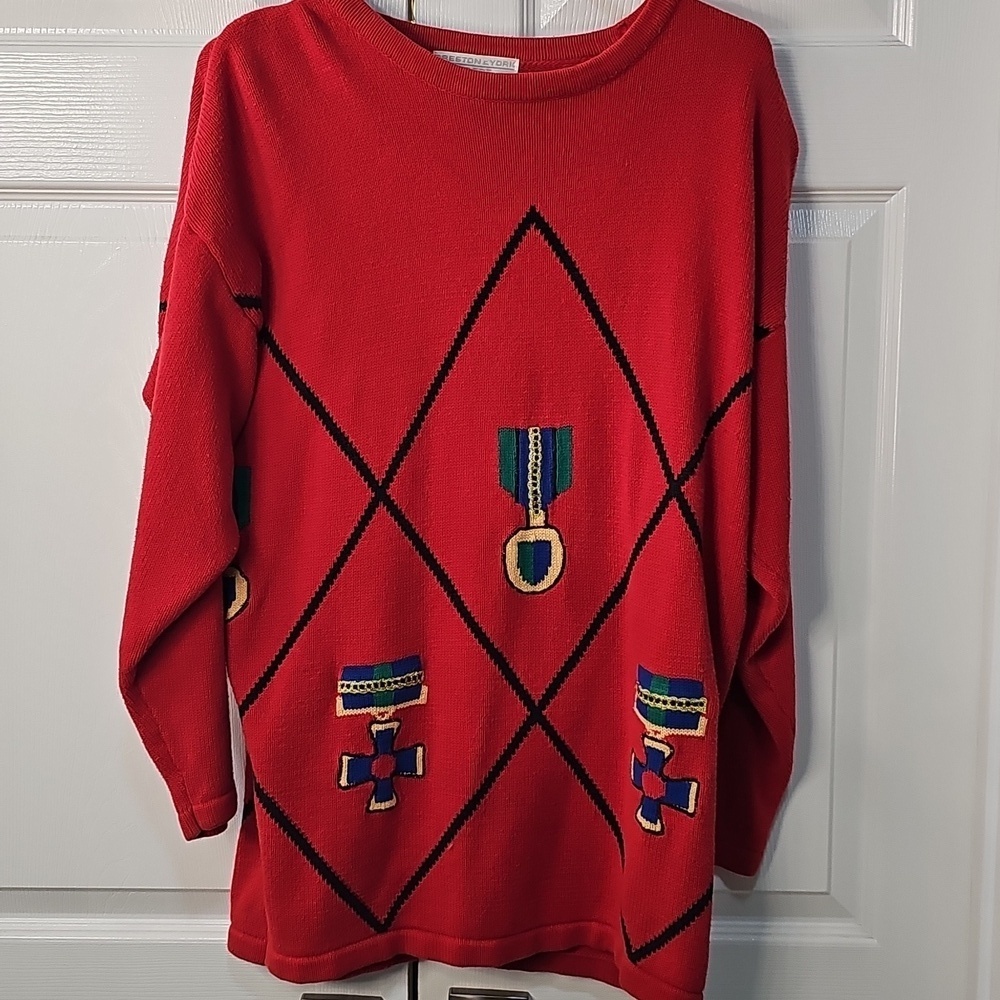Preston & York Vintage 90's Slouchy Geometric Embroidered Red Sweater Large